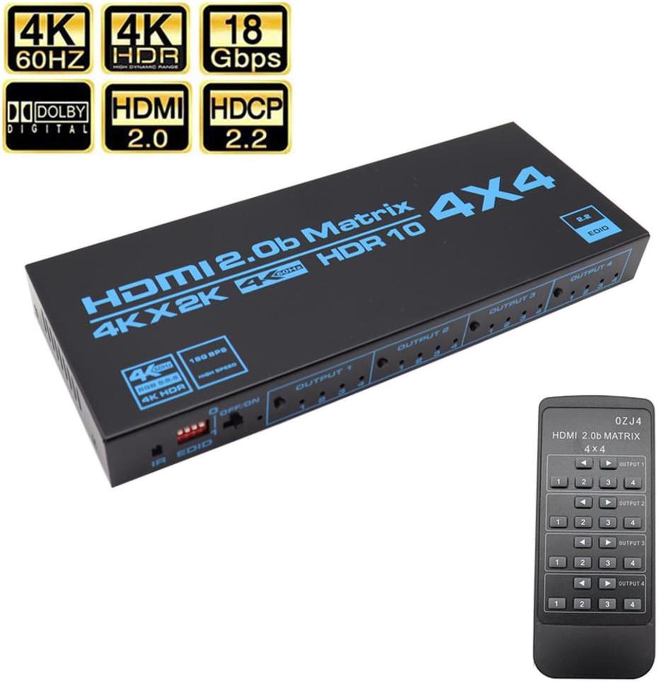 4x4 HDMI Matrix, 4K@60Hz 4 in 4 Out HDMI Switch Splitter with IR Remote, HDMI Matrix Switch + EDID Extractor + IR Remote Control, Support HDMI2.0, HDCP2.2, 3D, Audio Extractor