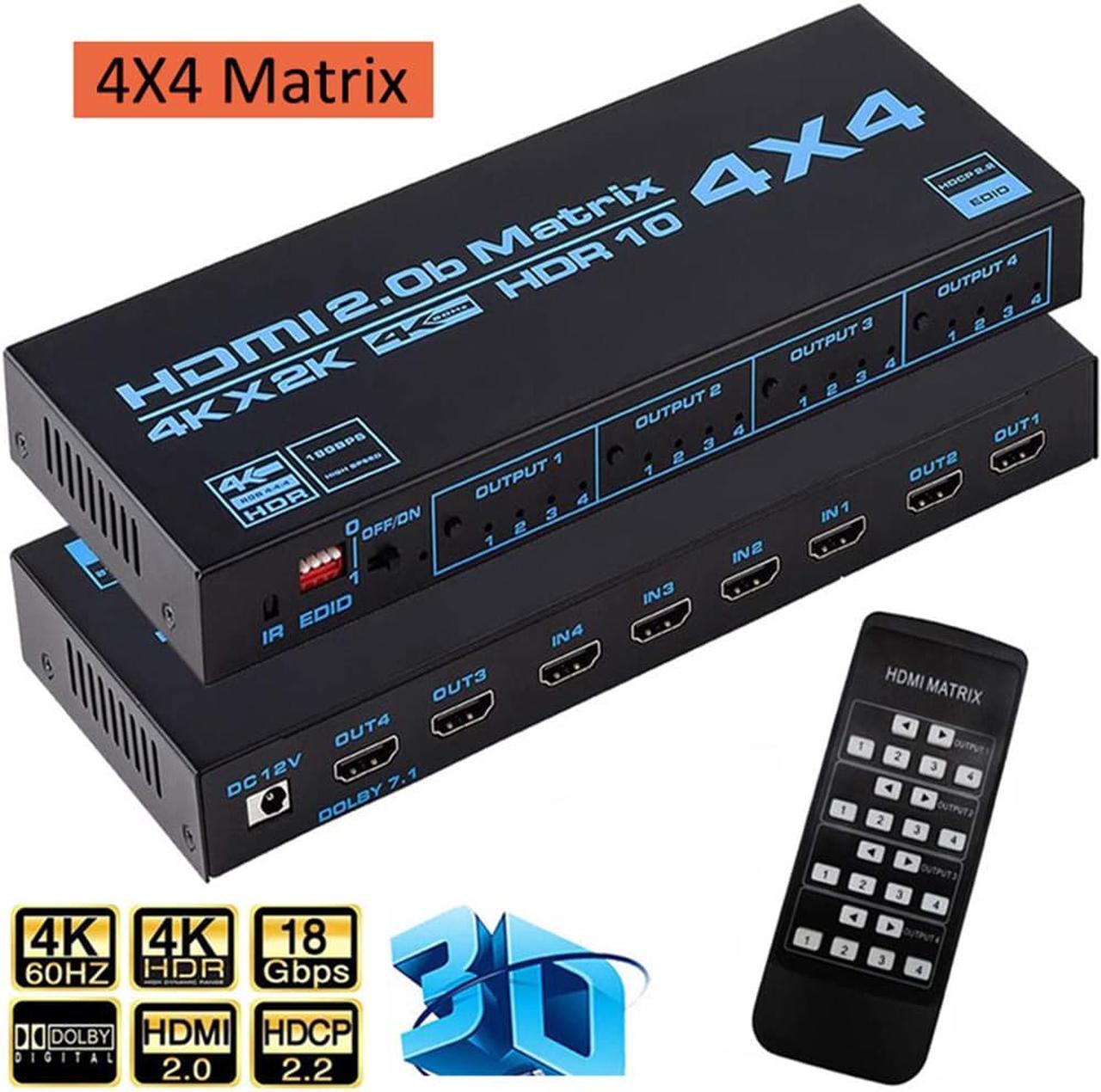 4K@60Hz HDMI Matrix Switch Splitter 4 in 4 Out with Remote, 4x4 HDMI Splitter Switcher 4K with EDID Extractor, Support 4K,3D, 1080p,HDCP2.2, HDR 10 for PS4,Xbox,Fire Stick,etc