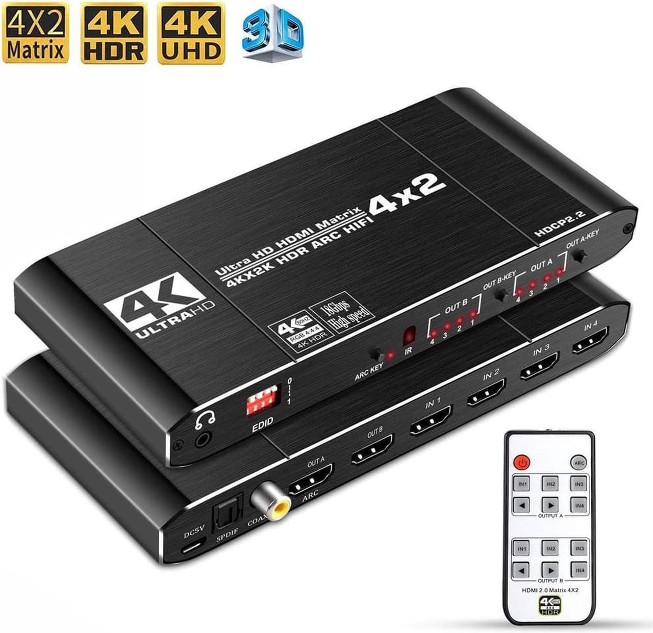 ESTONE 4K@60Hz HDMI Matrix 4x2 Switch Splitter Support HDCP 2.2 IR Remote Control HDMI Switch 4x2 Spdif 4K HDMI 4x2 Matrix Switch