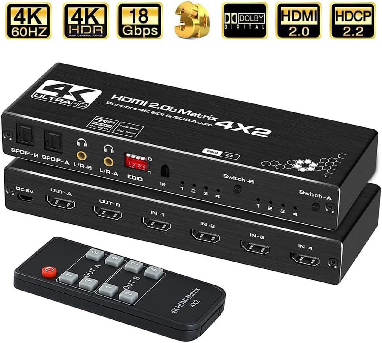 ESTONE 4 in 2 Out HDMI Matrix Switch , 4K@60Hz 4x2 HDMI Matrix Switcher Splitter Box with 2xSPDIF Audio, 2x3.5mm L/R Audio and IR Remote Control Support 4K HDR, EDID, HDMI 2.0b, HDCP 2.2, 3D,1080P