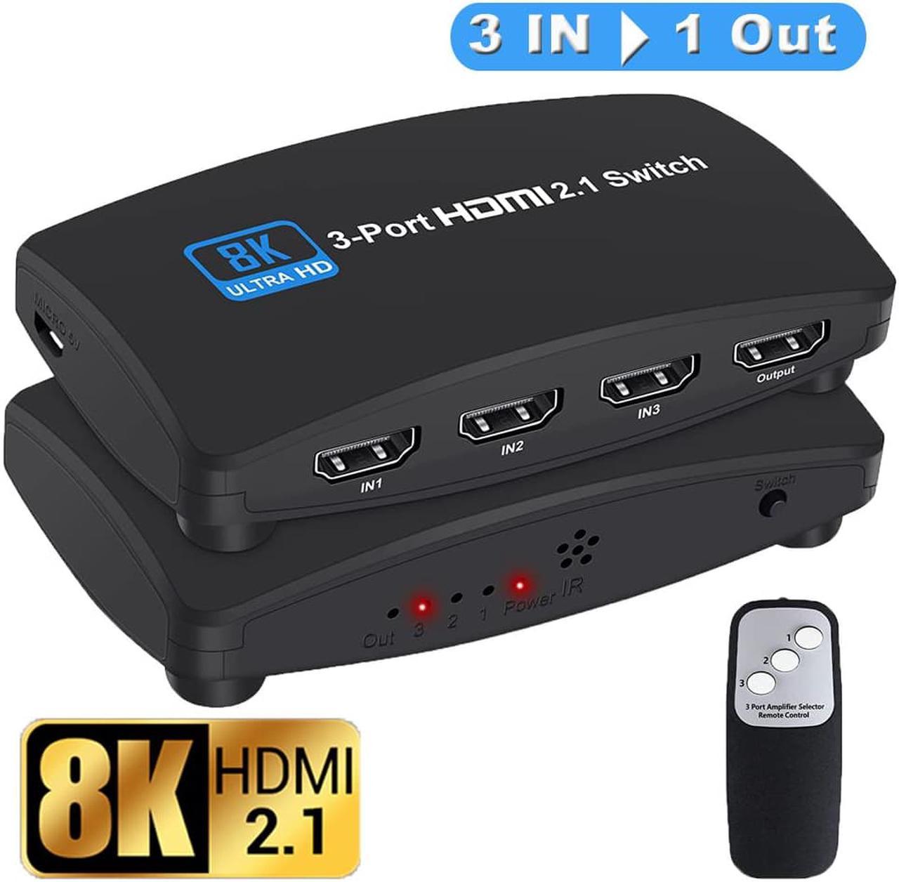 HDMI 2.1 Switch 8K, 4K@120Hz/8K@60Hz HDMI Switcher with Remote Control, 3 in 1 Out, HDCP2.3 YUV 4:4:4/RGB 4:4:4(Dolby Vision/Atmos),Dynamic HDR ,VRR for PS5/PS4/Xbox/Roku/Apple TV