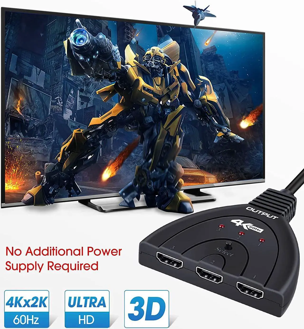 Alt view image 6 of 7 - HDMI Switch 3 in 1 Out 4K HDMI Switcher with Pigtail Cable, 4K 60Hz HDMI Switch, HDMI 3 Port Box Hub Supports HDR 3D HDCP, Compatible with PS5 PS4 Xbox Fire Stick Roku Apple TV PC