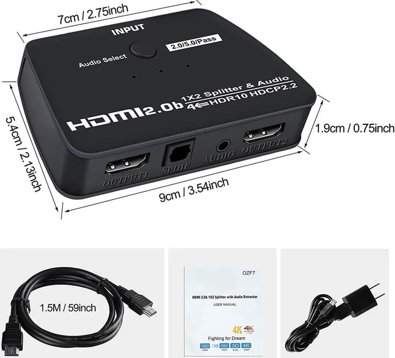 Alt view image 7 of 7 - 4K HDMI Splitter with 3.5mm Jack & Optical SPDIF audio out, 1 in 2 Out 4K HDMI Splitter for Full HD 4K@60HZ 1080P 3D Splitter (1 HDMI Source to 2 HDMI Displays)