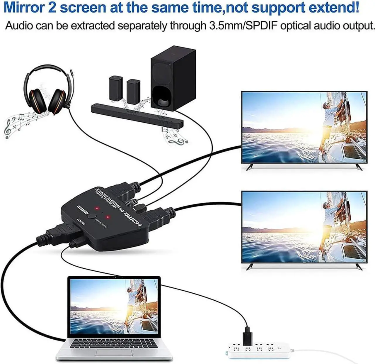 Alt view image 3 of 7 - 4K HDMI Splitter with 3.5mm Jack & Optical SPDIF audio out, 1 in 2 Out 4K HDMI Splitter for Full HD 4K@60HZ 1080P 3D Splitter (1 HDMI Source to 2 HDMI Displays)
