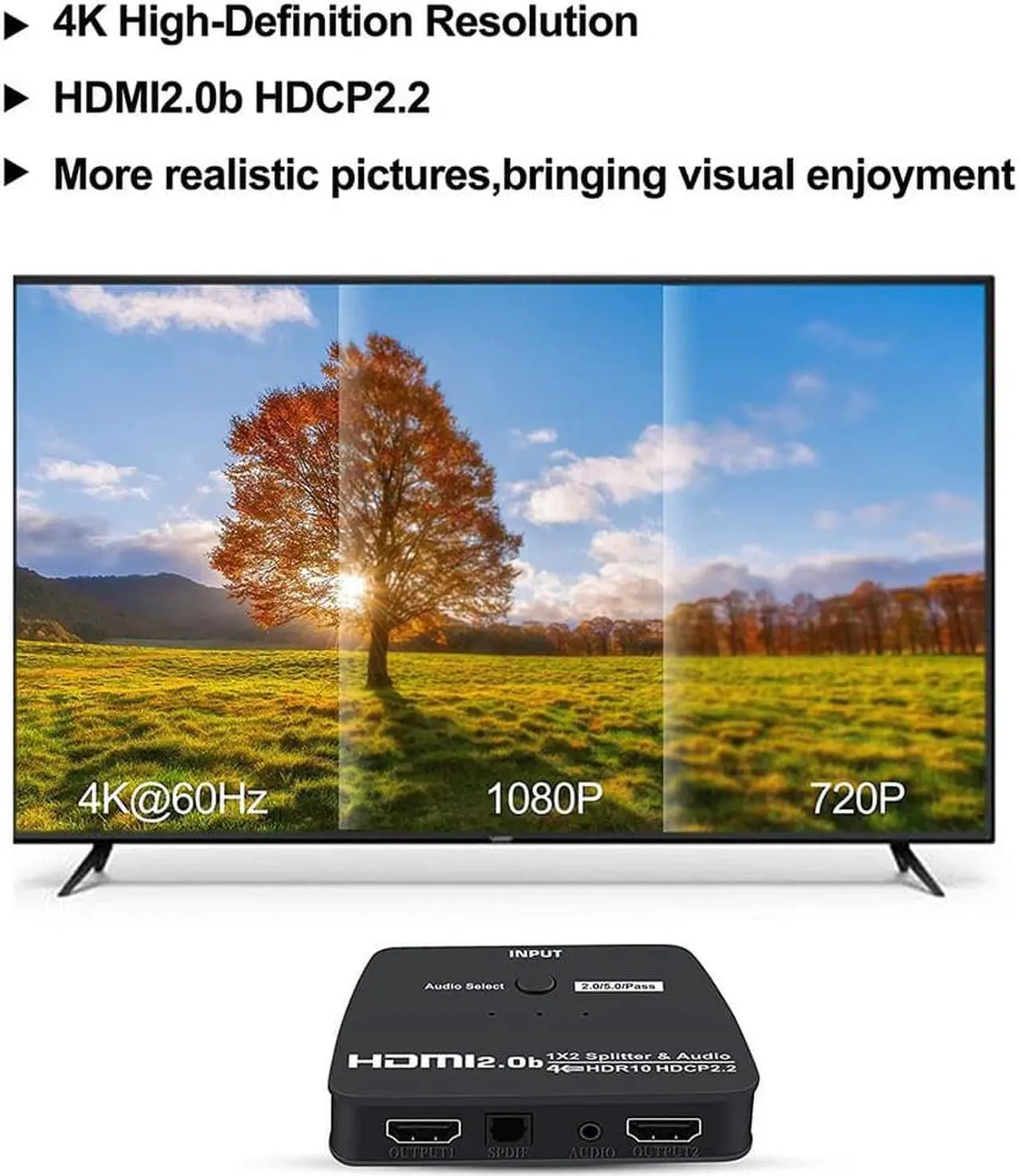 Alt view image 5 of 7 - 4K HDMI Splitter with 3.5mm Jack & Optical SPDIF audio out, 1 in 2 Out 4K HDMI Splitter for Full HD 4K@60HZ 1080P 3D Splitter (1 HDMI Source to 2 HDMI Displays)