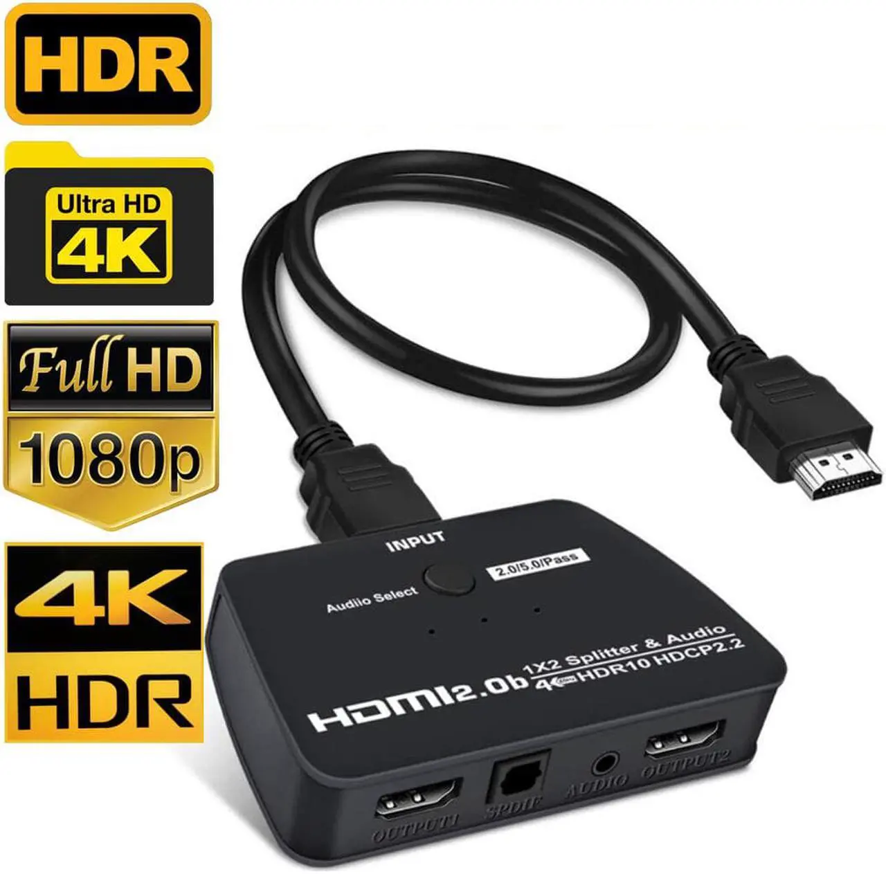 Main image of 4K HDMI Splitter with 3.5mm Jack & Optical SPDIF audio out, 1 in 2 Out 4K HDMI Splitter for Full HD 4K@60HZ 1080P 3D Splitter (1 HDMI Source to 2 HDMI Displays)