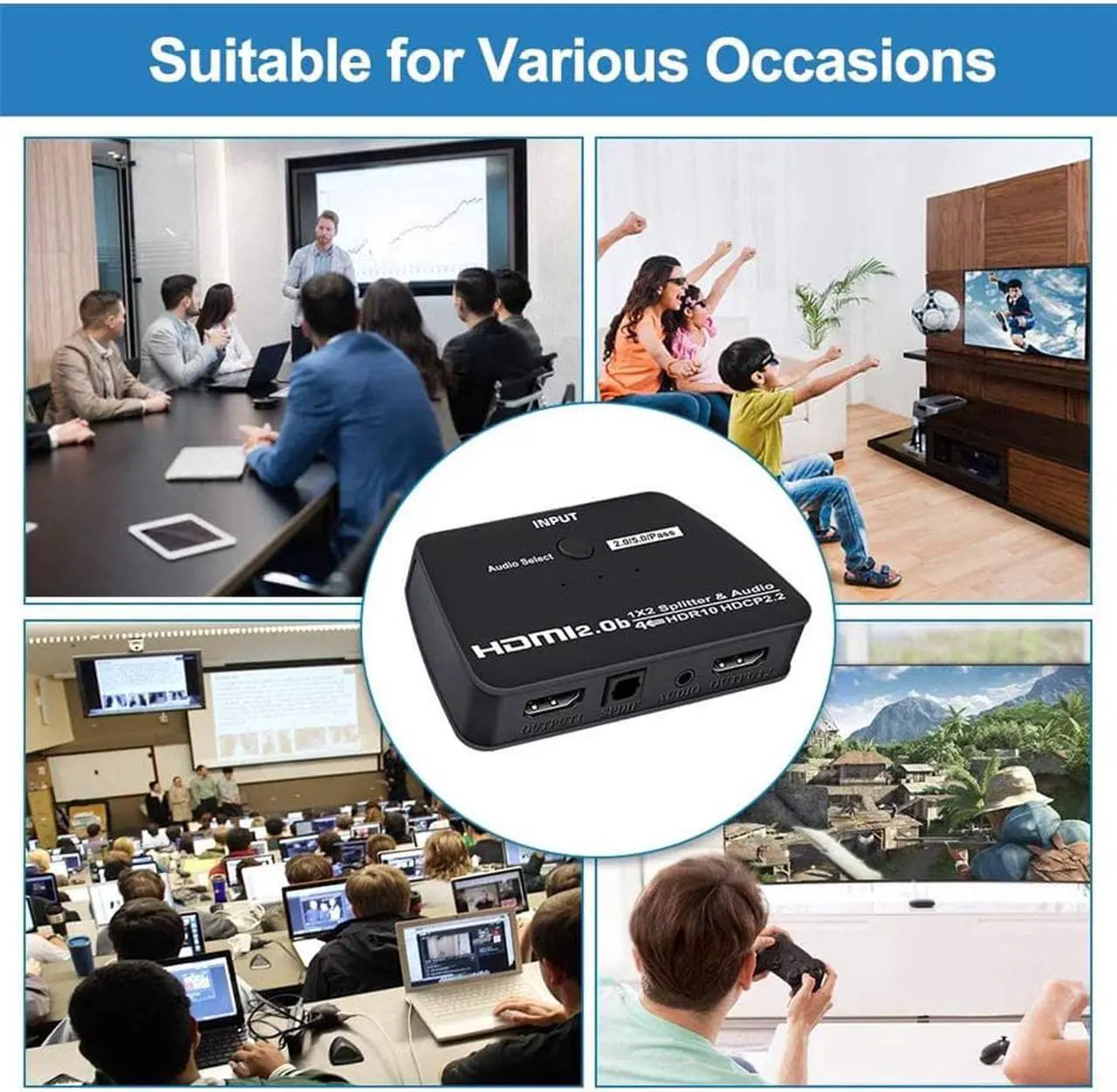 Alt view image 6 of 7 - 4K HDMI Splitter with 3.5mm Jack & Optical SPDIF audio out, 1 in 2 Out 4K HDMI Splitter for Full HD 4K@60HZ 1080P 3D Splitter (1 HDMI Source to 2 HDMI Displays)