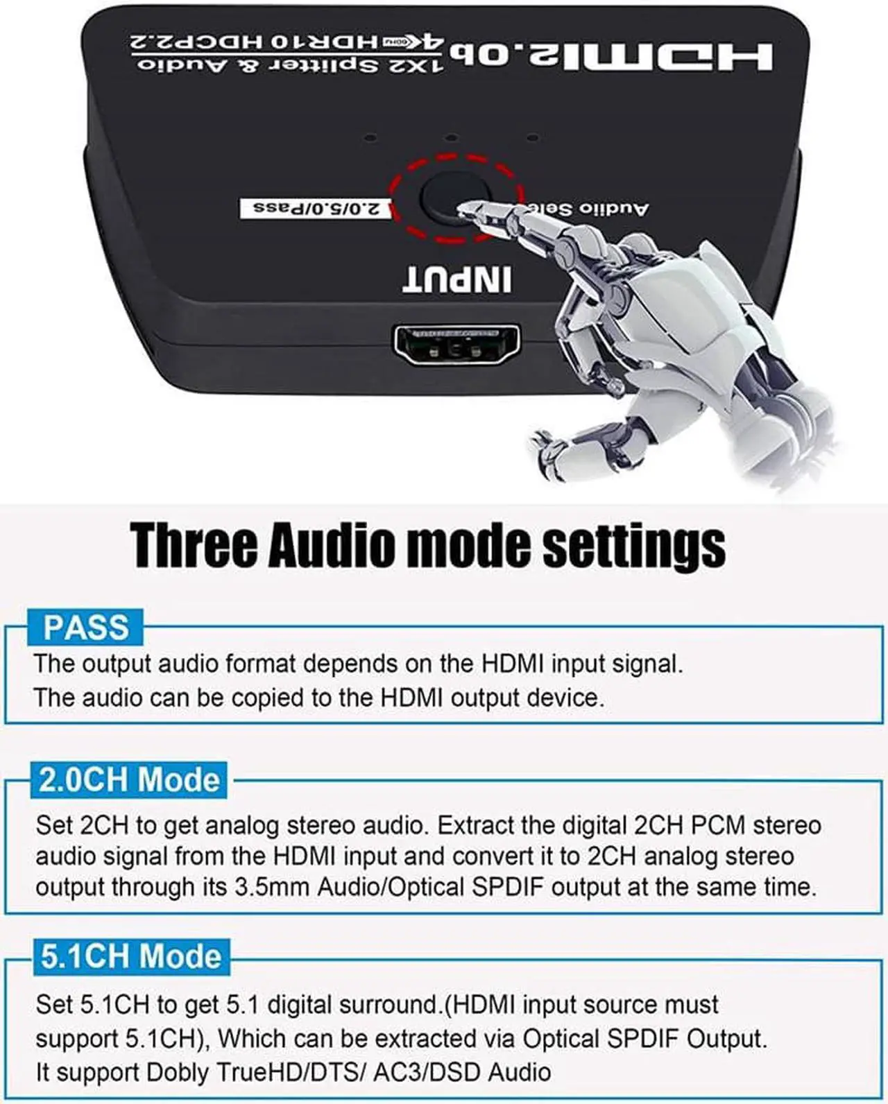 Alt view image 4 of 7 - 4K HDMI Splitter with 3.5mm Jack & Optical SPDIF audio out, 1 in 2 Out 4K HDMI Splitter for Full HD 4K@60HZ 1080P 3D Splitter (1 HDMI Source to 2 HDMI Displays)