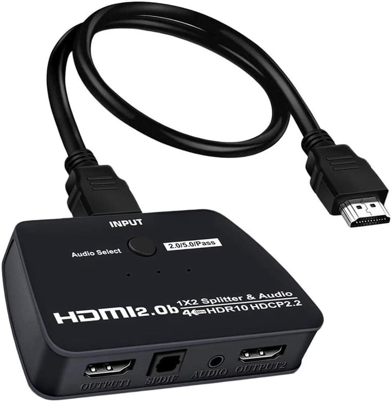 HDMI Switch 4k@60hz Splitter, 1X2 HDMI Switcher 1 in 2 Out, with audio extractor, 3.5mm Jack & Optical SPDIF Audio Out, Manual HDMI Hub Supports HD Compatible with Xbox PS5/4/3 Blu-Ray Player