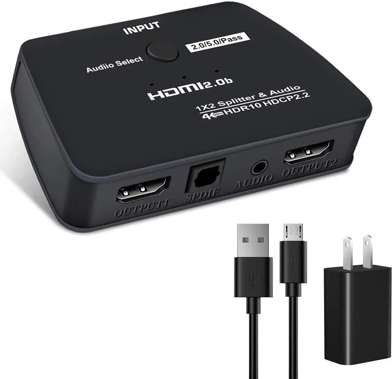 Main image of HDMI Splitter 1 in 2 Out, 4K HDMI Splitter for Dual Monitors Duplicate/Mirror Only, 1x2 HDMI Splitter with audio extractor, 3.5mm Jack & Optical SPDIF Audio Out
