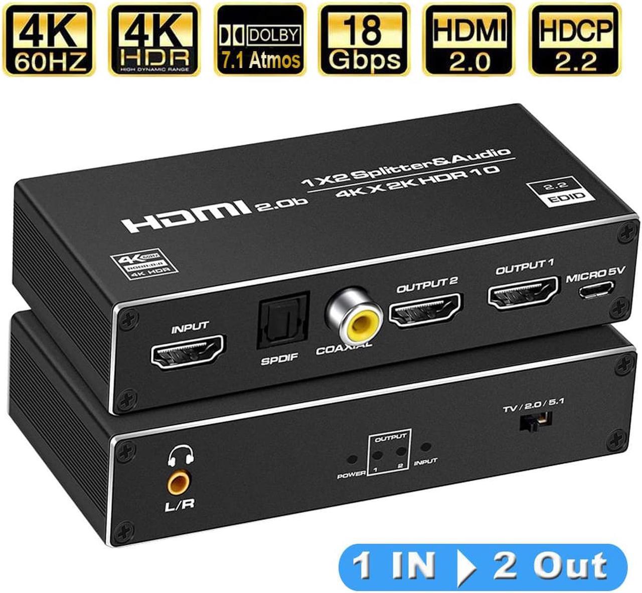 4K@60Hz 1x2 HDMI Splitter with audio extractor(3.5mm, Coaxial & Optical SPDIF audio out),Support HDMI 2.0b and HDCP 2.2, ,RGB 8:8:8(7.1CH Dolby atmos),HDR 10