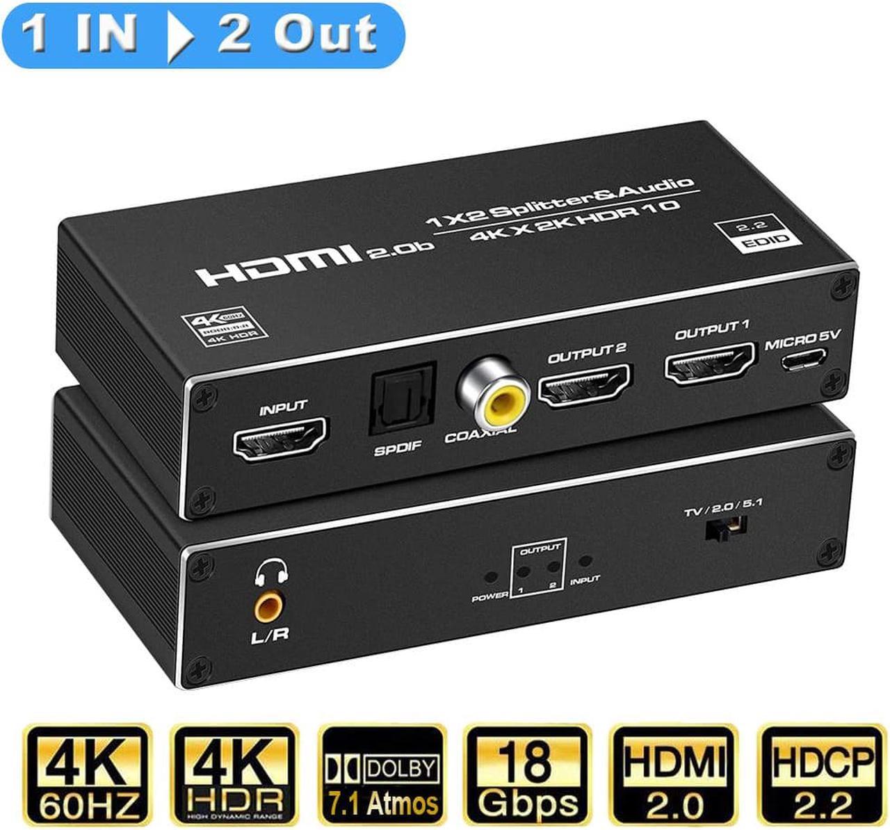 HDMI Splitter 4k@60hz , 1X2 HDMI Splitter1 in 2 Out, with audio extractor, 3.5mm, Coaxial & Optical SPDIF Audio Out, Manual HDMI Hub Supports HD Compatible with Xbox PS5/4/3 Blu-Ray Player