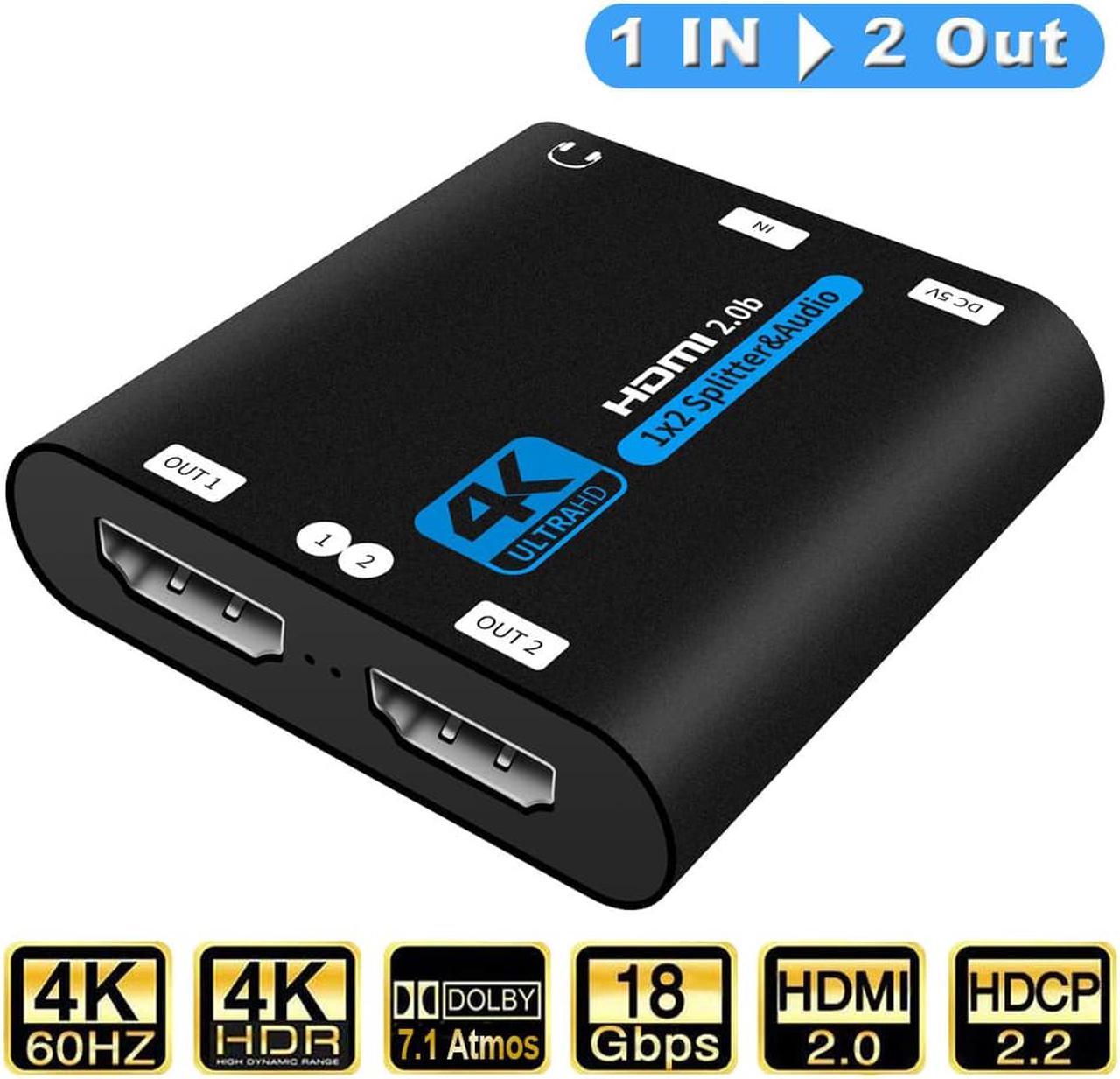 ESTONE HDMI Splitter 1 in 2 Out 3.5mm Jack audio out - 4K Ver HDMI2.0 HDCP2.2, Powered HDMI Splitter Supports 3D 4K@60HZ Full HD1080P for Xbox PS4 PS3 Fire Stick Roku Blu-Ray Player (OZF6-1)