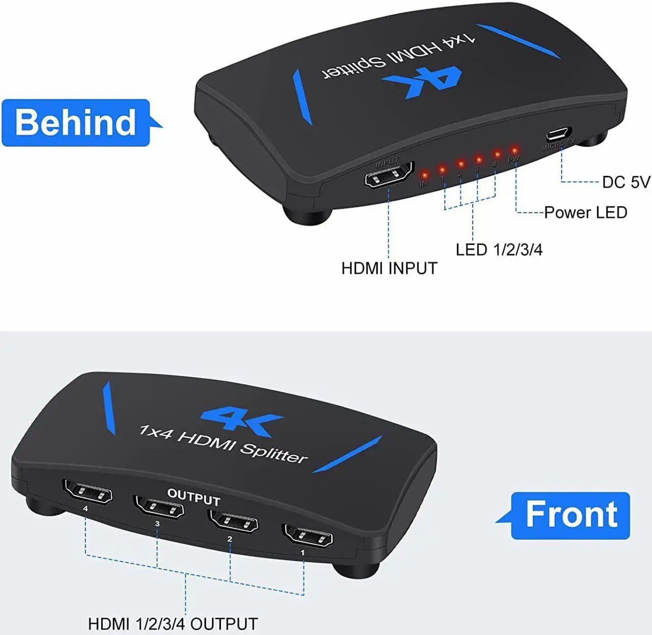 Alt view image 3 of 7 - ESTONE 4K 1x4 HDMI Splitter 1 in 4 Out, 4 Port Powered HDMI Splitter Multi Monitor Outputs 4Kx2K@30Hz 3D HDCP1.4b HDCP1.4 for Projector, HDTV