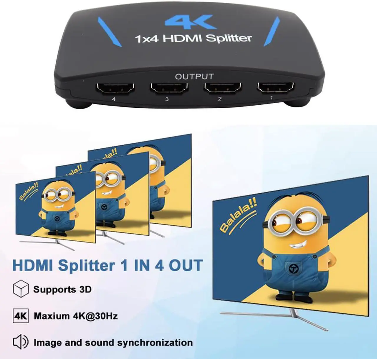 Alt view image 6 of 7 - ESTONE 4K 1x4 HDMI Splitter 1 in 4 Out, 4 Port Powered HDMI Splitter Multi Monitor Outputs 4Kx2K@30Hz 3D HDCP1.4b HDCP1.4 for Projector, HDTV