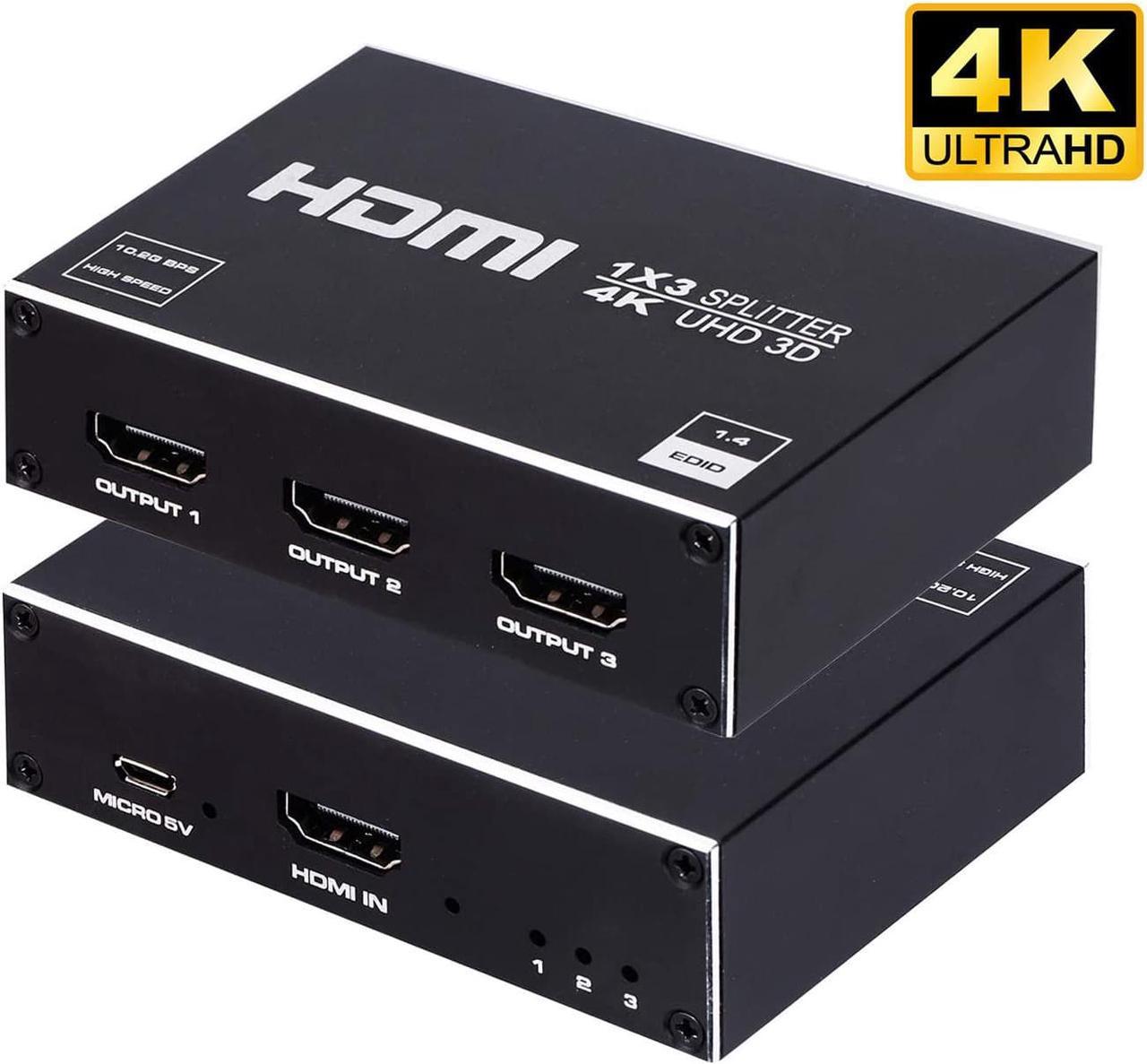 ESTONE 4K 1 in 3 Out HDMI Splitter - Ultra HD 4K @ 30 Hz 1x3 V. 1.4 HDCP, Power HDMI Supports 4K 3D Full HD 1080P for Xbox, PS3 PS3 Fire Stick Blu Ray Apple TV HDTV - Adapter Included