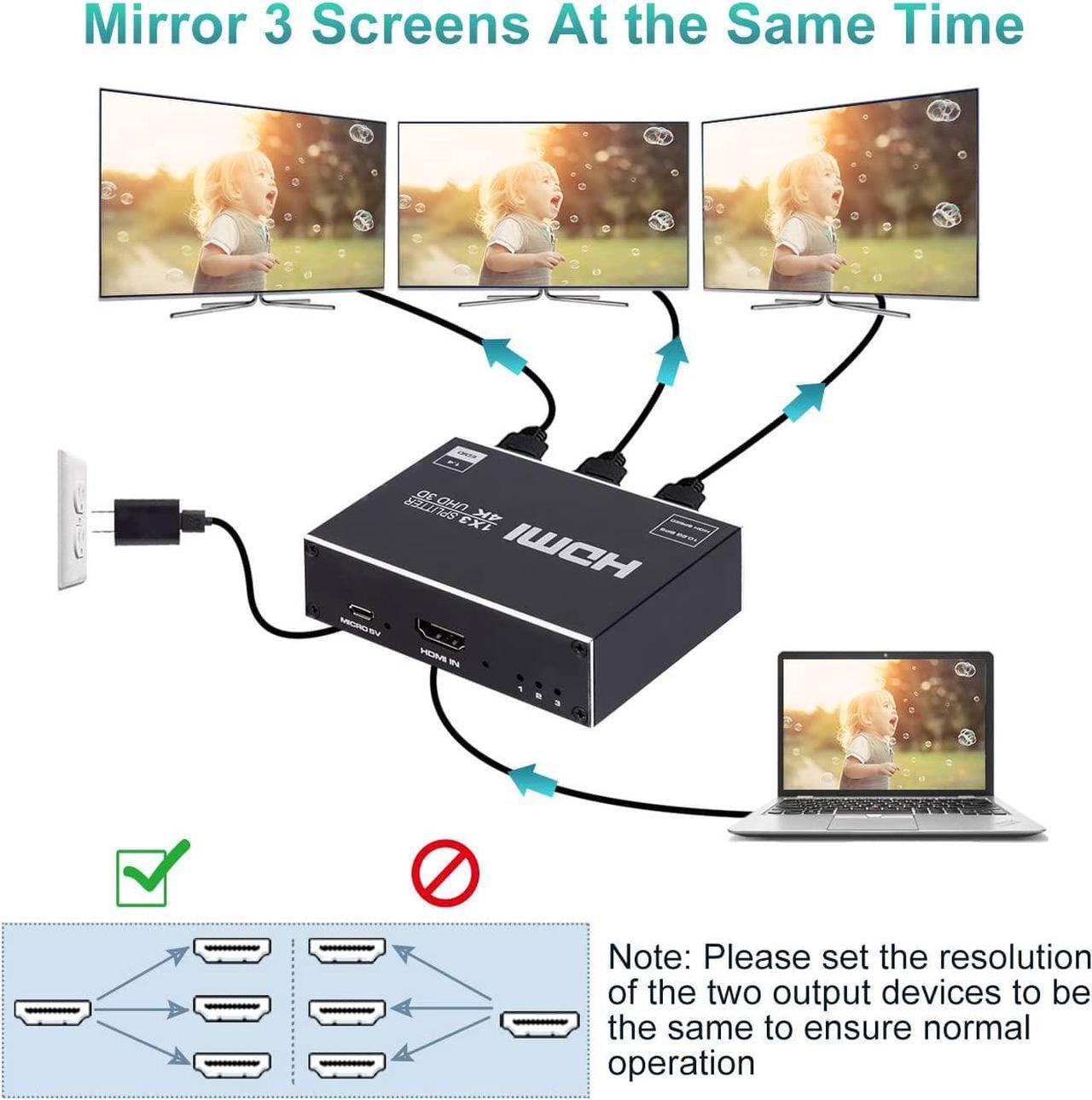 Alt view image 3 of 7 - ESTONE HDMI Splitter 1 in 3 Out, 4K HDMI Splitter V1.4b Powered Audio Video Distributor Duplicate/Mirror Screen, 1x3 HDMI Splitter for TV Support 4Kx2k 30Hz 3D for Xbox, PS5, Roku Blu-Ray Player, HDTV