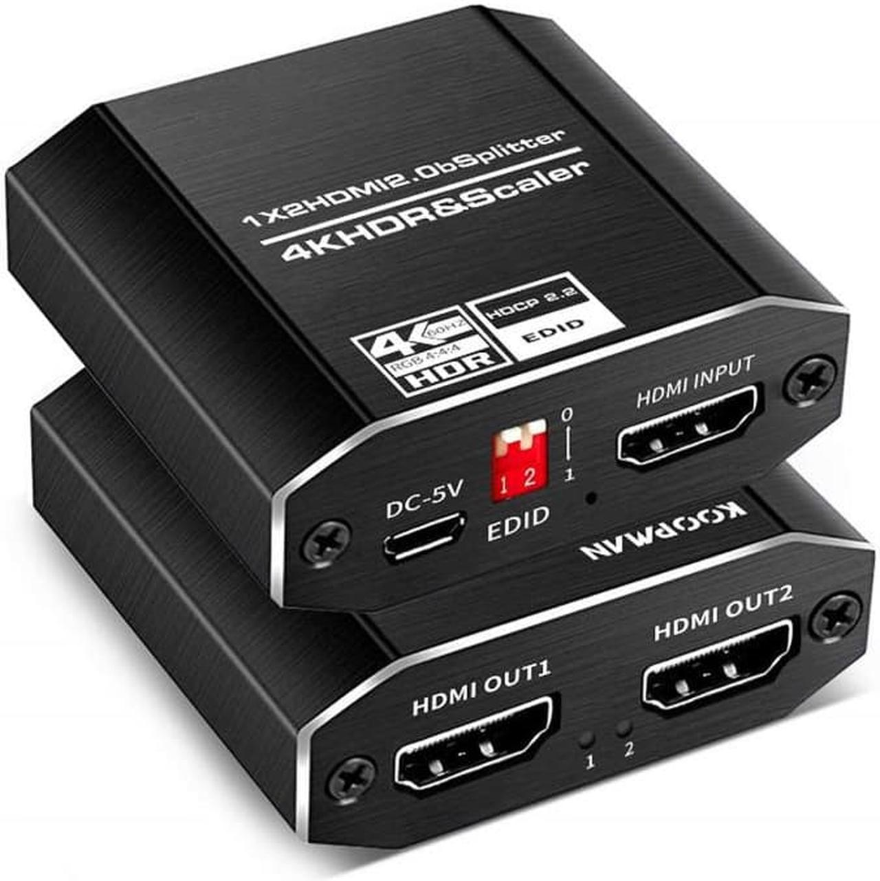 4K@60HZ HDMI Splitter 1 in 2 Out with 4 kinds of EDID mode, HDMI Splitter 1 to 2 Amplifier Support HDCP2.2, HDMI2.0b, EDID, 3D, RGB 4:4:4 for Xbox PS4 PS3 Fire Stick Roku Blu-Ray Player