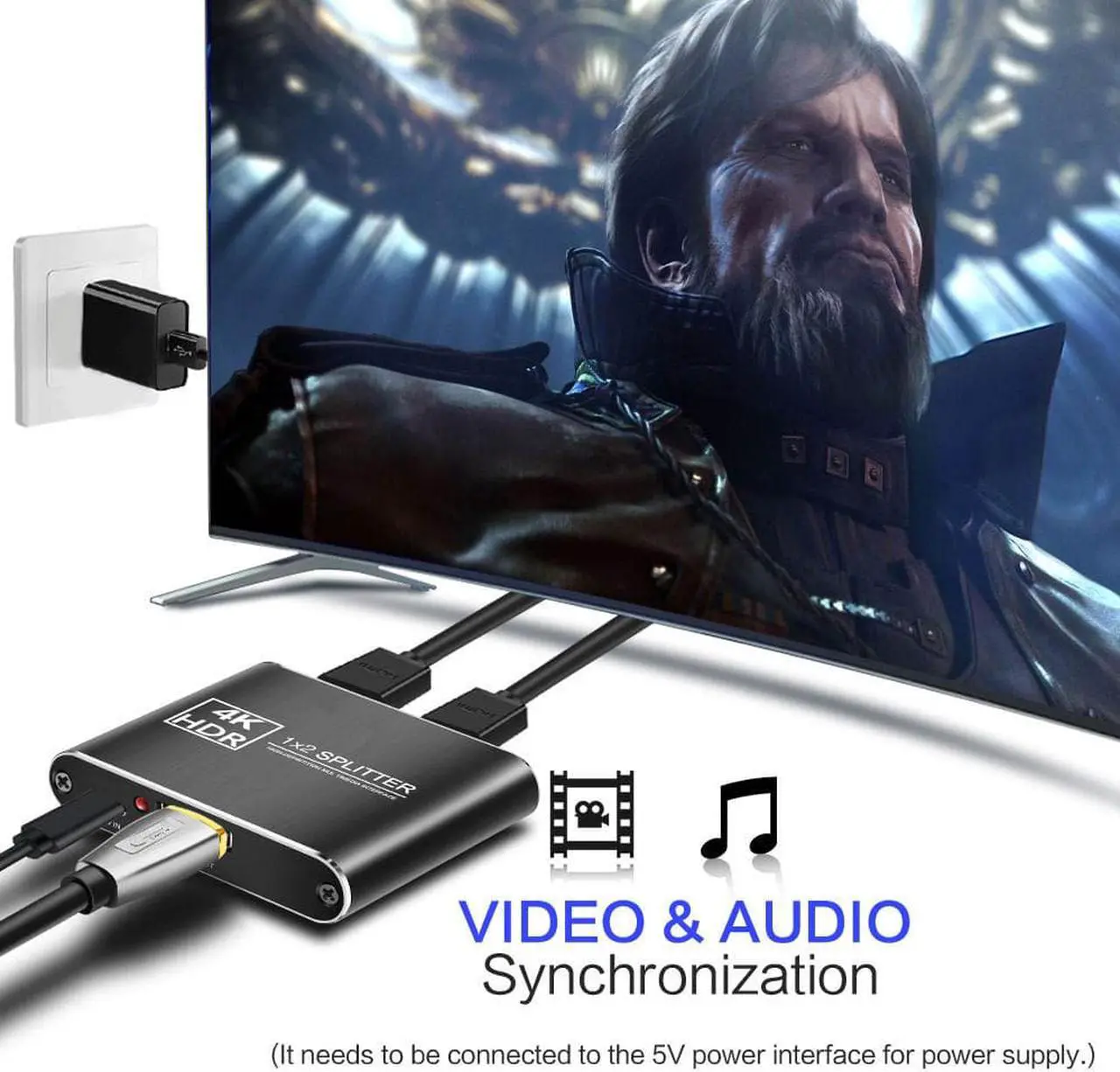Alt view image 5 of 7 - ESTONE 4K@60Hz HDMI Splitter, Duplicate/Mirror, 4K HDMI Splitter 1 in 2 Out, Powered Splitter, 1 Source to 2 Identical Displays for TV, Projector