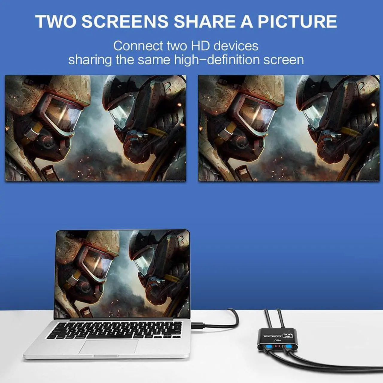 Alt view image 4 of 7 - ESTONE 4K@60Hz HDMI Splitter, Duplicate/Mirror, 4K HDMI Splitter 1 in 2 Out, Powered Splitter, 1 Source to 2 Identical Displays for TV, Projector