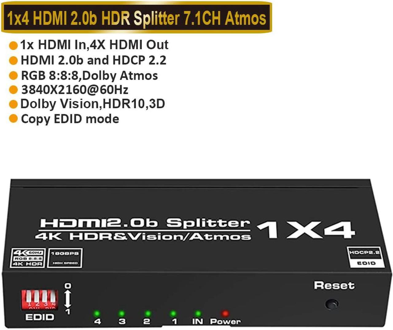 4K@60Hz HDMI Splitter 1 in 4 Out EDID,ESTONE 1x4 Powered HDMI Splitter for Four Monitors w/Power Adapter, 4K@60Hz 4 Monitors Duplicate/Mirror for PS4 Fire Stick HDTV