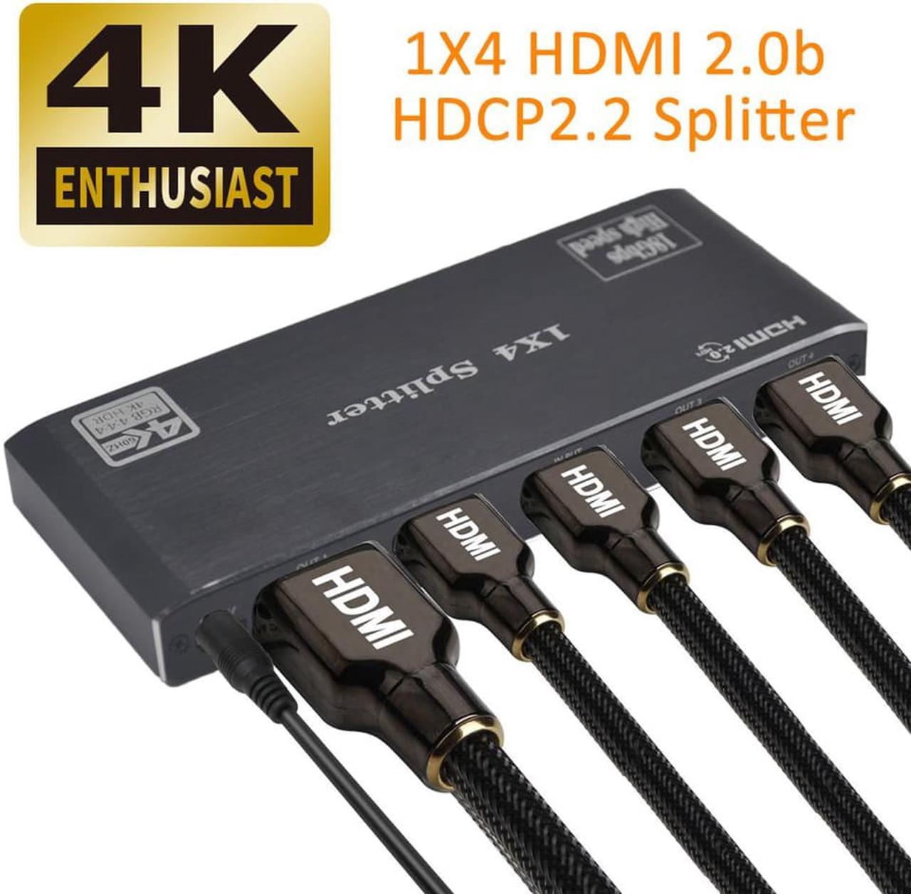 4K@60Hz HDMI Splitter 1x4 8:8:8,18 Gbps,Supports EDID,HDCP 2.2,Duplicate/Mirror/Copy,HDR10,Dolby Vision Atmos,4K HDMI Splitter 1 in 4 Out for Four Monitors