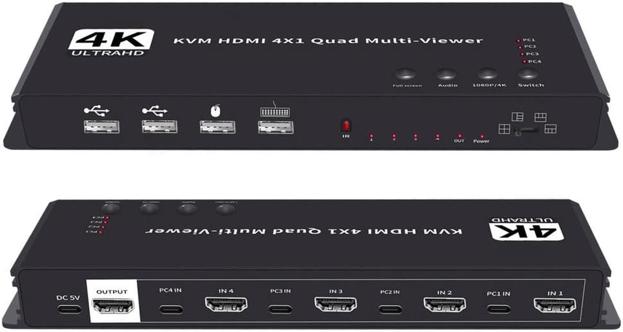 4K Multi HDMI KVM Viewer Quad 4 in 1 Out, Switcher 4 Ports Seamless IR Remote Support 4K @ 30Hz 1080P for PS4/PC/DVD/Security Camera