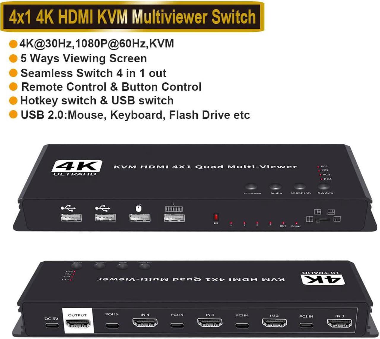 HDMI kVM Multiviewer Switch 4x1, Quad Seamless Switcher 4 in 1 Out with IR Remote Control, Support 4K Full HD and 5 Display Modes for Security Camera, Gaming Consoles PS3/PS4, PS5