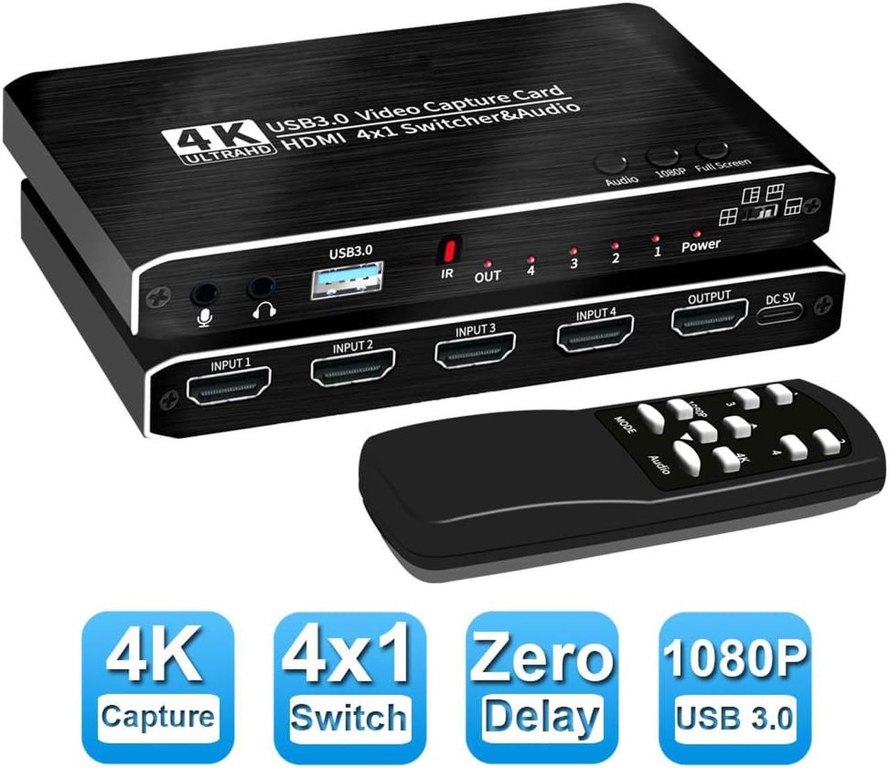 4x1 4K@30Hz HDMI Video Capture Card Seamless Switch with Mic & 3.5mm Audio HD 4K@30Hz Video 4K 30fps Board Game Record For Live Streaming Video Recording