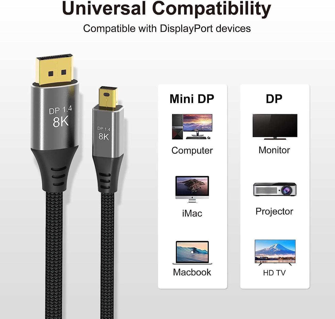 Alt view image 2 of 7 - Mini DisplayPort to DisplayPort 1.4 1.4a Cable 8K 60Hz 4K 144Hz 120Hz 160Hz 2K 280Hz 240Hz 1080p 390Hz Display Port to Mini DisplayPort DP 1.4 HBR3 HDR Certified Cord, 2m (6.6 feet)