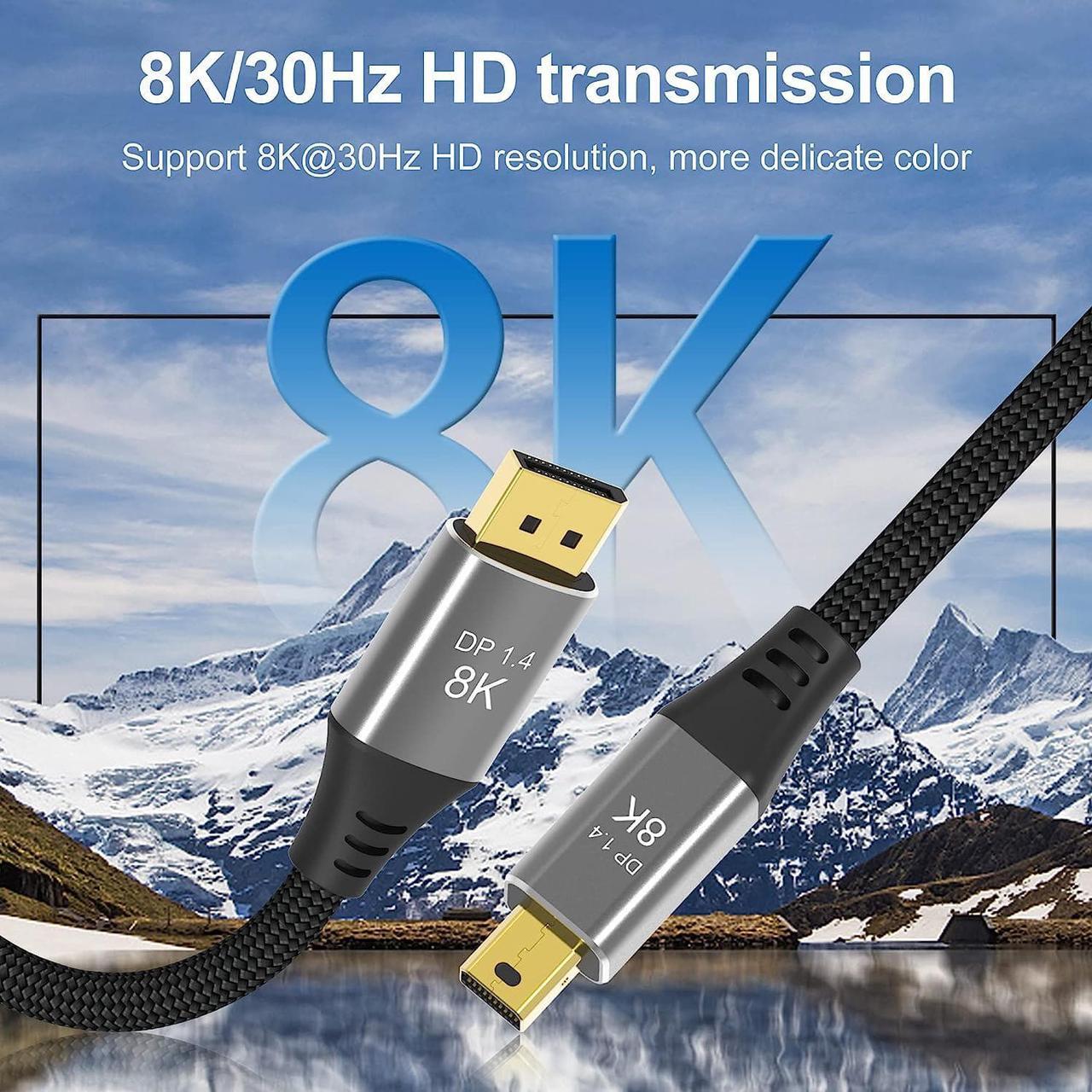 Alt view image 3 of 7 - Mini DisplayPort to DisplayPort 1.4 1.4a Cable 8K 60Hz 4K 144Hz 120Hz 160Hz 2K 280Hz 240Hz 1080p 390Hz Display Port to Mini DisplayPort DP 1.4 HBR3 HDR Certified Cord, 2m (6.6 feet)