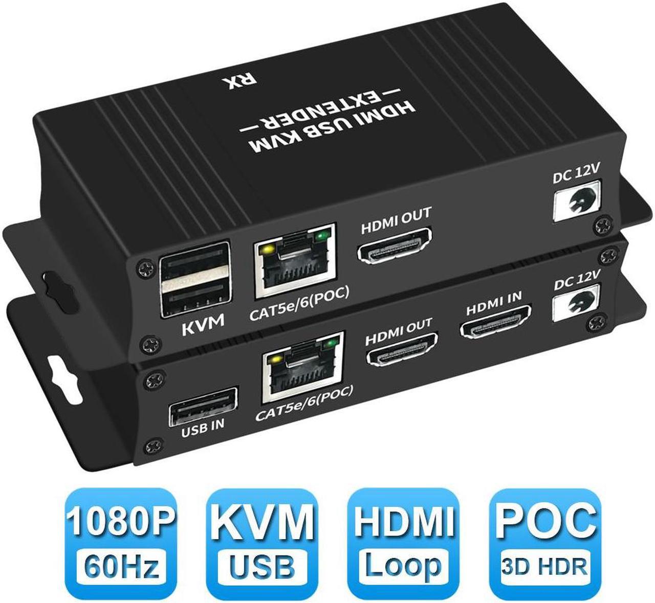 HDMI KVM USB Extender Over IP Over Ethernet  1080p HD Video Over Cat5e/6 Ethernet Cable 60m (196ft) for Mouse and Keyboard Control Remote Signals