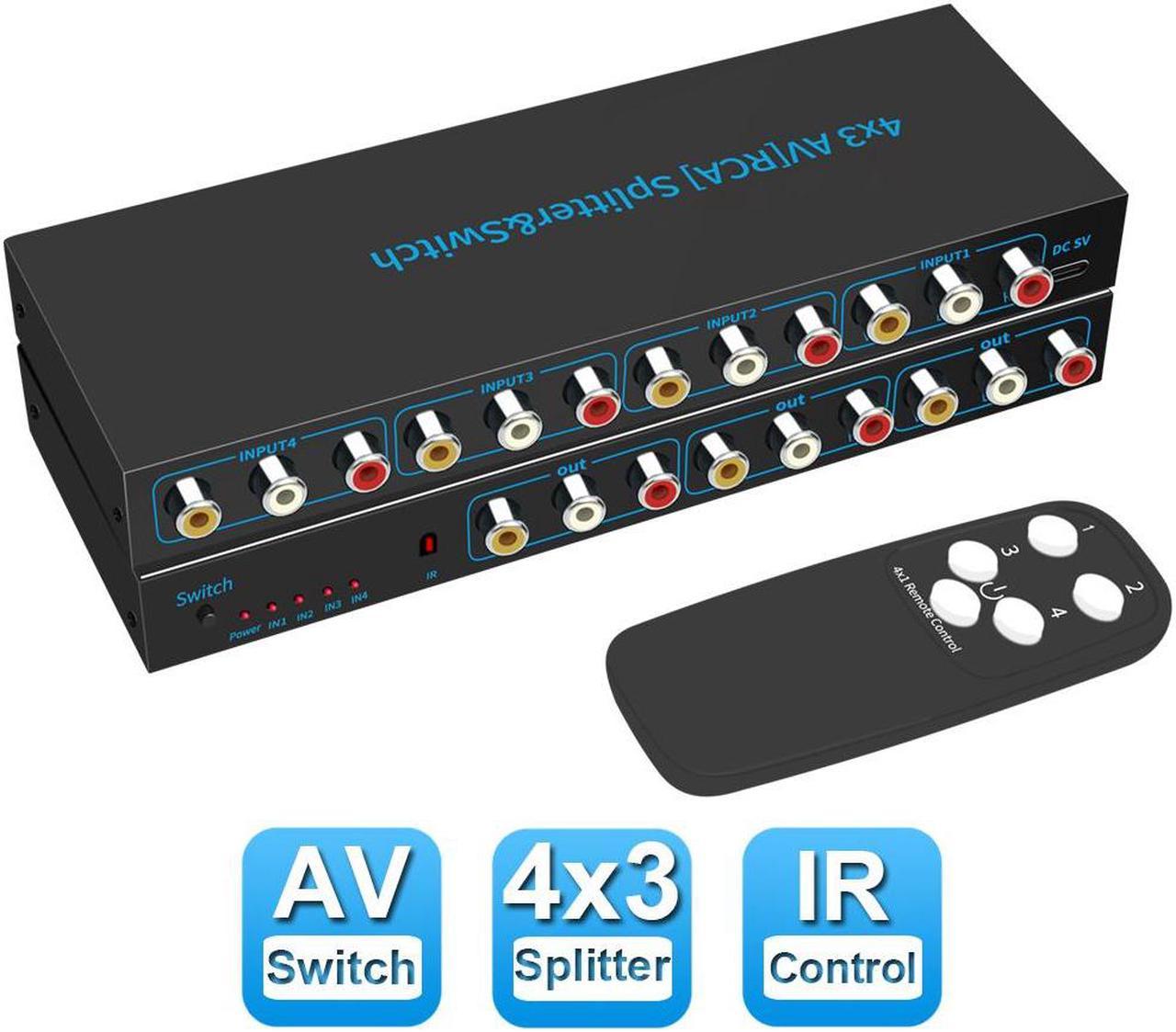 AV RCA Switch 4 in 3 Out Composite Video L/R Audio Switcher Selector Box for DVD Player, Sega Genesis, SNES, N64, PS2/3 Game Consoles