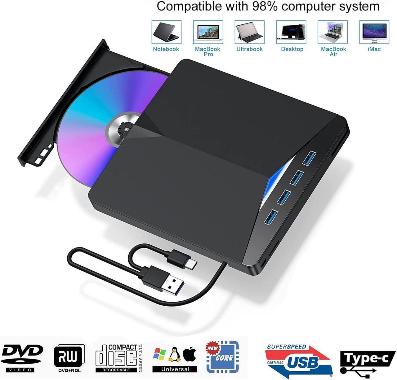 7 -in-1 External DVD Drive for Laptop, Portable High-Speed USB-C&USB 3.0 CD Burner/DVD Reader Writer for PC Desktops, with 4 USB3.0 Ports and TF SD Card Slots Compatible with Windows/Mac OSX/Linux