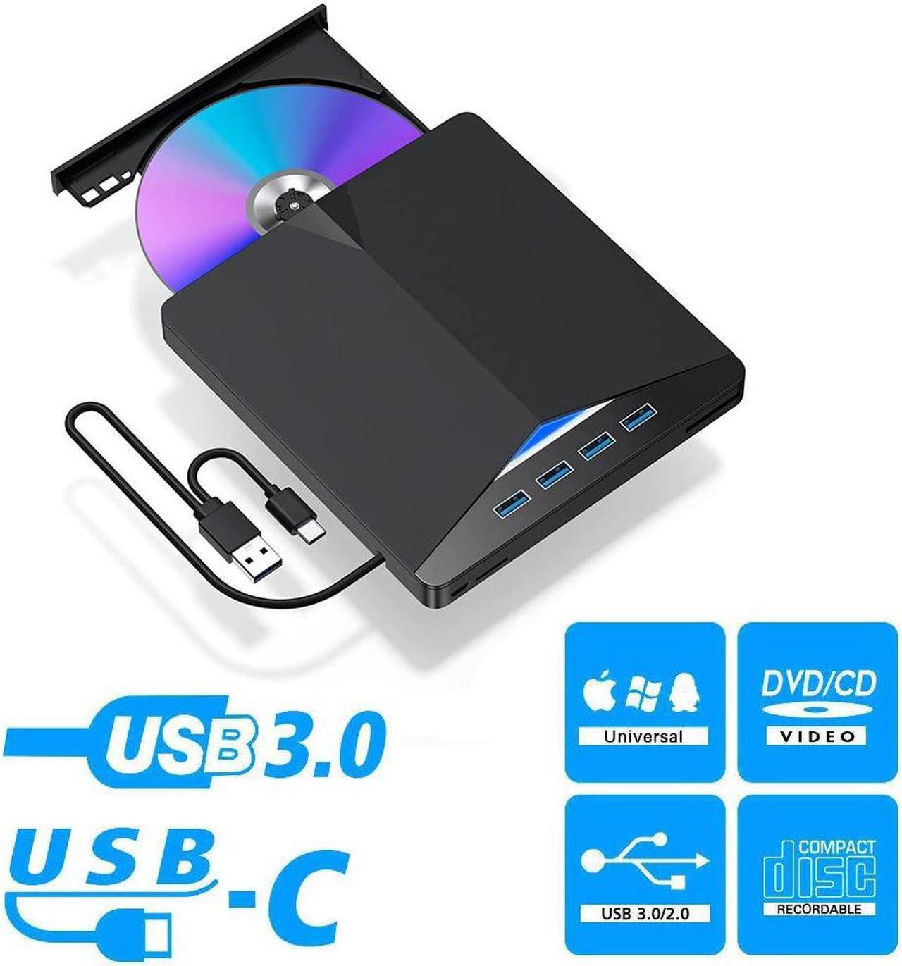 External DVD Drive, USB 3.0 Type C CD Drive, Dual Port DVD Player, Portable Optical Burner Writer Rewriter with 4 USB3.0 Ports and TF SD Card  for Laptop Notebook Desktop PC MAC OS Windows 7/8/10/11