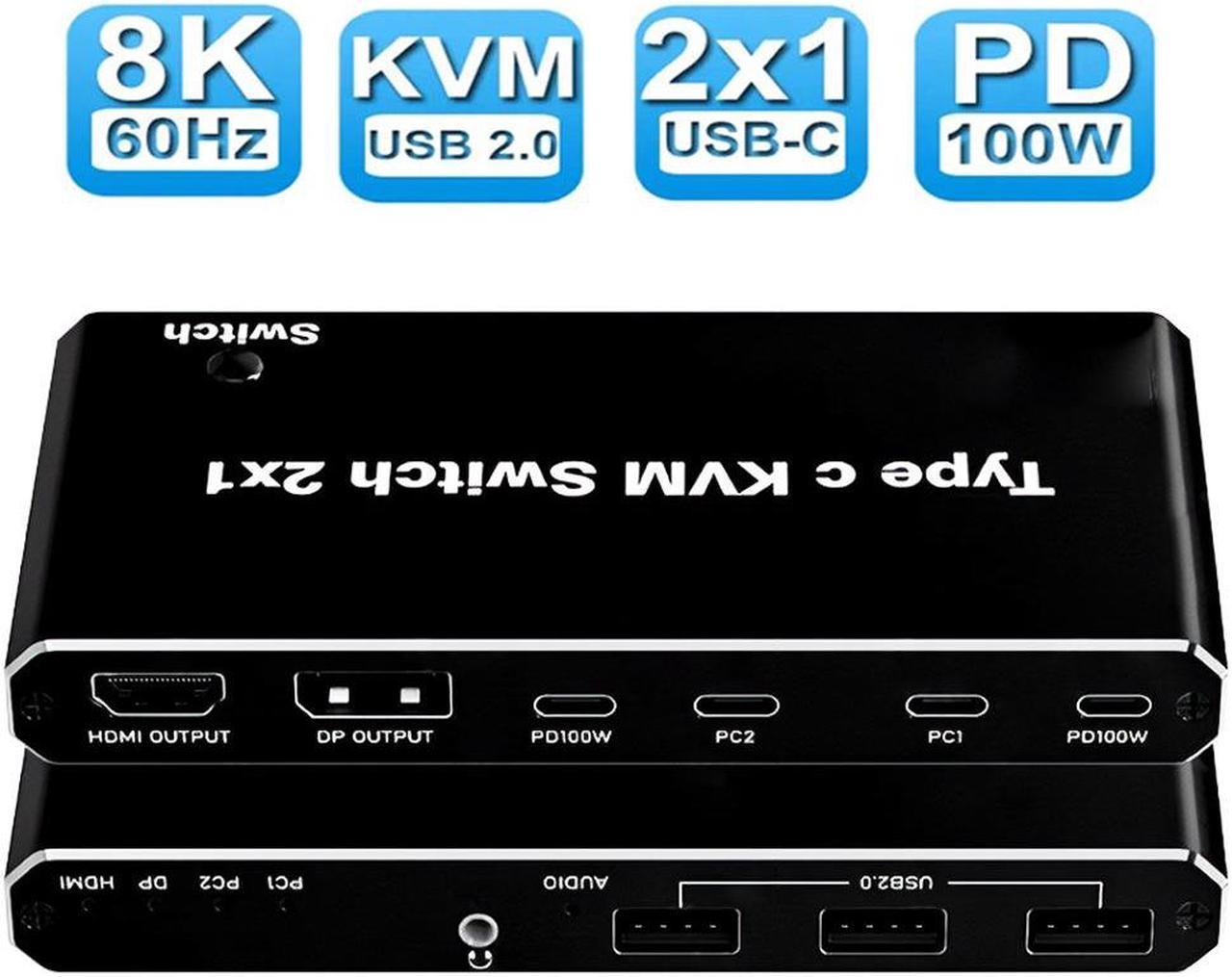 8K USB C  KVM Switch 2x1 , KVM Switch HDMI DP,USB KVM Switch for 2 Computers Sharing One HD Monitor and Keyboard Mouse, 100 W Power Delivery Support 8K@60Hz, 2 USB-C Cables Included