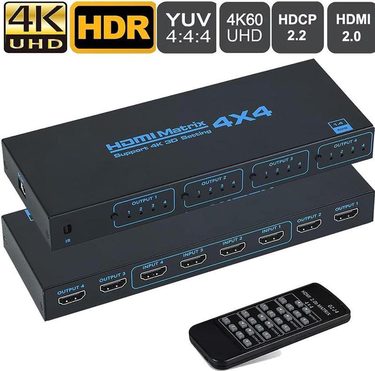 4x4 HDMI Matrix, 4K@30Hz 4 in 4 Out HDMI Switch Splitter with IR Remote, HDMI Matrix Switch with IR Remote Control, Support 4K@30Hz 3D 10.2Gbps, HDMI 1.4, 1080P@60Hz, 3D, YUV 4:2:0