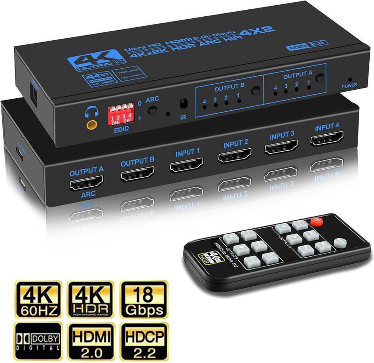 ESTONE HDMI Matrix Switch 4x2, 4K HDMI Matrix Switcher Splitter 4 in 2 Out Box with EDID Extractor and IR Remote Control Support 4K HDR, HDMI 2.0b, HDCP 2.2, 4K@60Hz, 3D, 1080P (OZJ2-1)