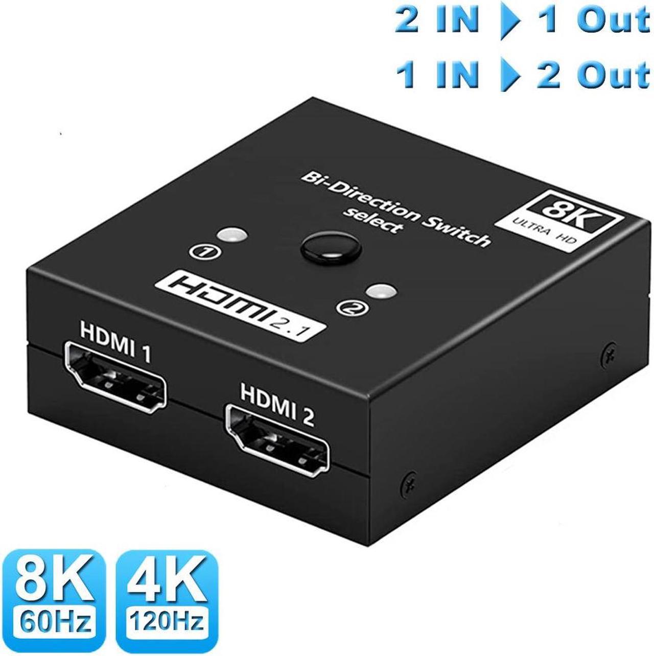 4K 120Hz HDMI2.1 Switcher, 8K HDMI Splitter 2 Ports Bi-Direction Manual Switch 2 x 1/1 x 2 HDMI Passthrough,No External Power Required - Supports 8K@60hz and 4K@120hz