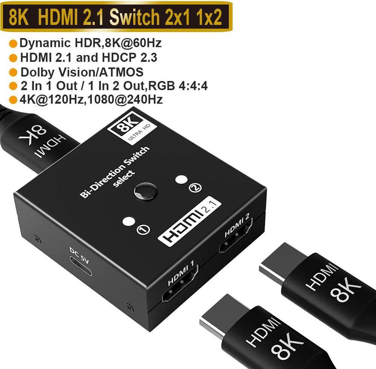 HDMI2.1 Switch 4K120hz HDMI Switcher 2 in 1 Out or 1 in 2 Out Bidirectional Selector No External Power Needed Supports 8K@60hz and 4K@120hz for PS/Xbox/Fire Stick/HDTV/DVD