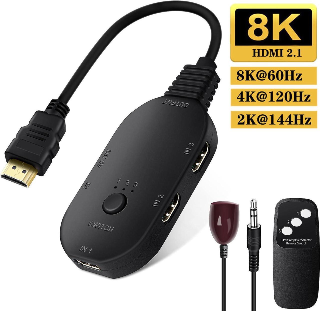 HDMI Switch 8K@60Hz 3 in 1 Out HDMI Splitter, 3 Port Hdmi Switcher Box Supports Full HD 8K 4K 1080P 3D,Multi Port HDMI Switcher Selector 2.1 HDMI Switch for Xbox PS3 4 5 TV Gaming HDTV