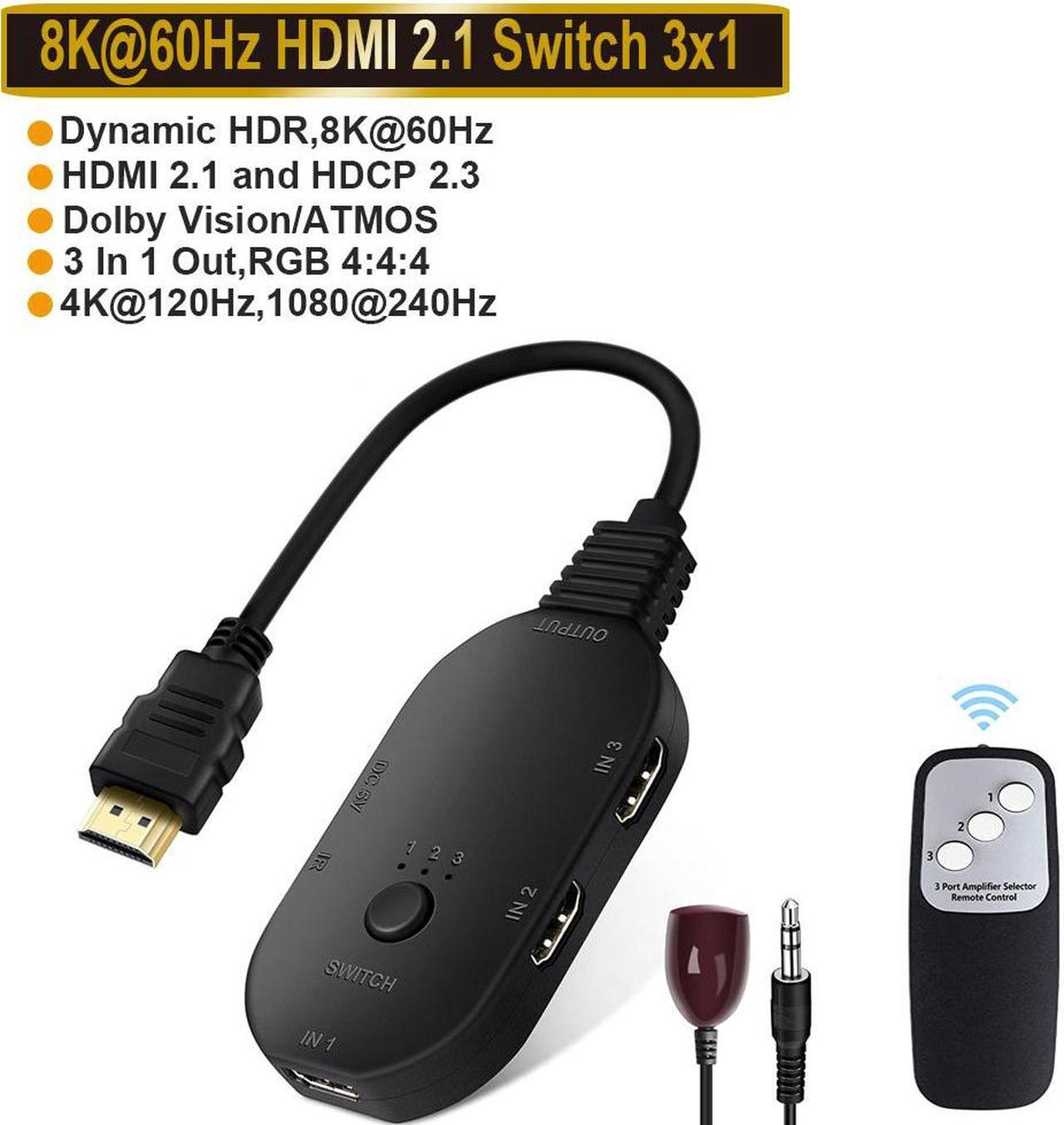 HDMI Switch 8K@60Hz, HDMI Switch 3 in 1 Out with Remote, HDMI Splitter Supports 8K 4K 3D UHD, HDMI Switcher for PS5, PS4, PS3,Fire Stick, Blu-Ray, Xbox, DVD, Laptop, PC