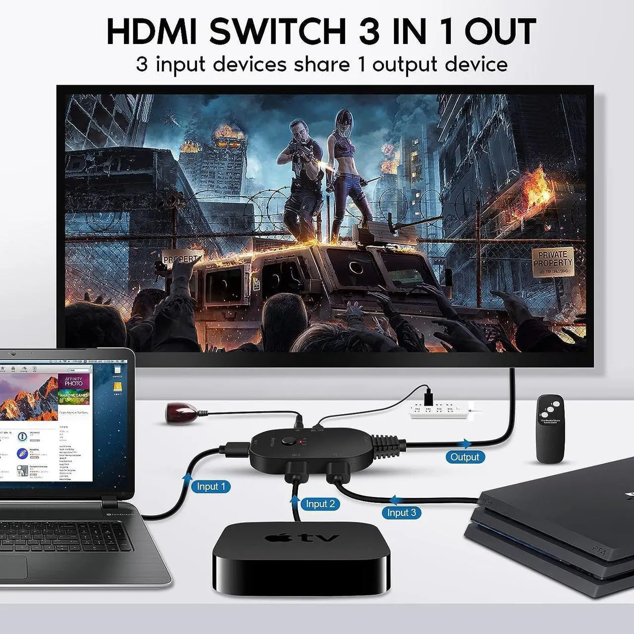 Alt view image 2 of 7 - HDMI Switch 3 in 1 Out 8K UHD HDMI Switcher Splitter, HDMI Switch Box Hub with Remote Support 8K 60Hz 3D 1080P HDCP2.3 for PS5 PS4 Xbox DVD Player Fire Stick TV PC