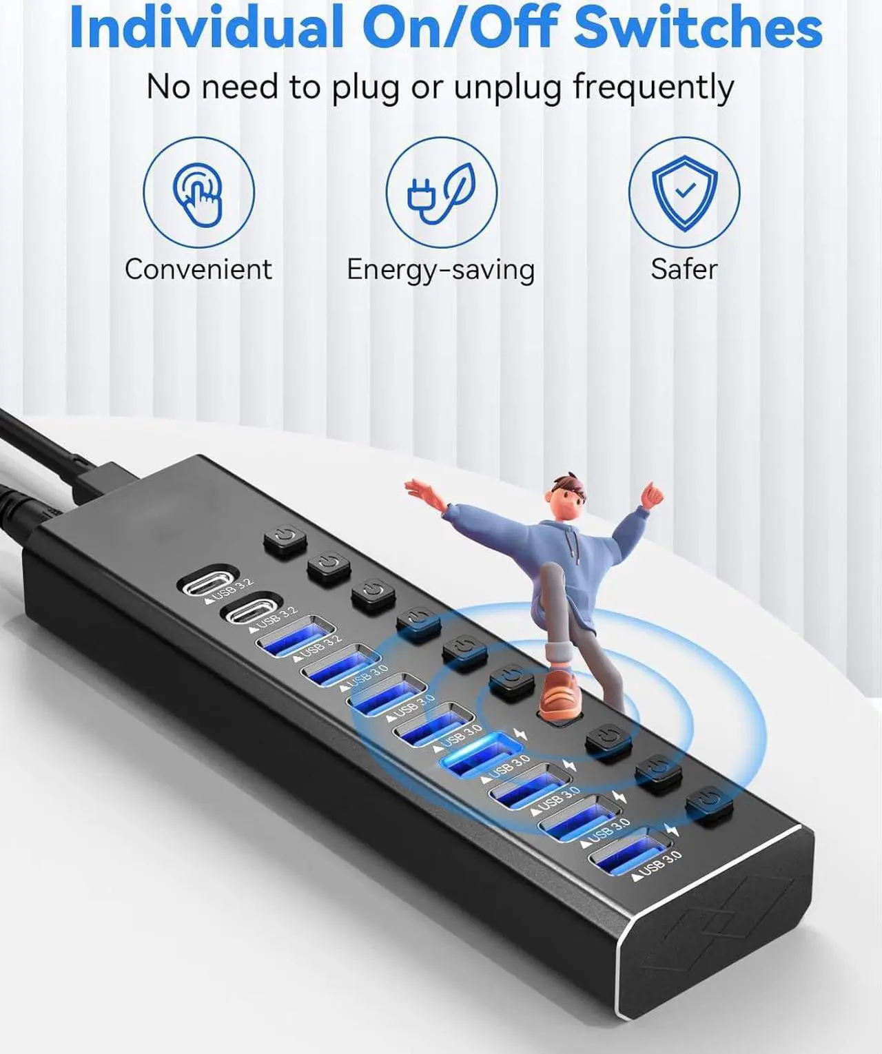 Alt view image 5 of 7 - Powered USB Hub 3.0, 10-Port USB Data Hub Splitter (10Gbps USB-A 3.2 +2 USB-C 3.2 +7 USB 3.0 Ports), Individual On/Off Switches and 12V Power Adapter USB Extension for MacBook, Mac Pro/Mini and More