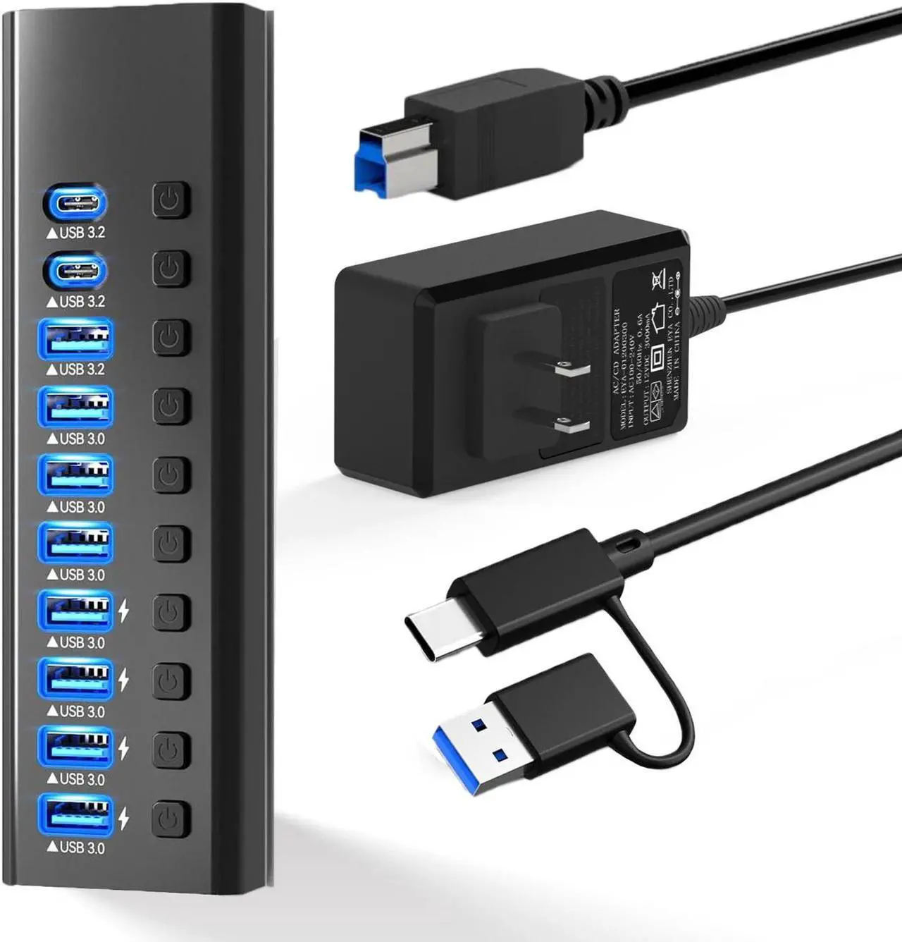 Main image of Powered USB Hub 3.0, 10-Port USB Data Hub Splitter (10Gbps USB-A 3.2 +2 USB-C 3.2 +7 USB 3.0 Ports), Individual On/Off Switches and 12V Power Adapter USB Extension for MacBook, Mac Pro/Mini and More