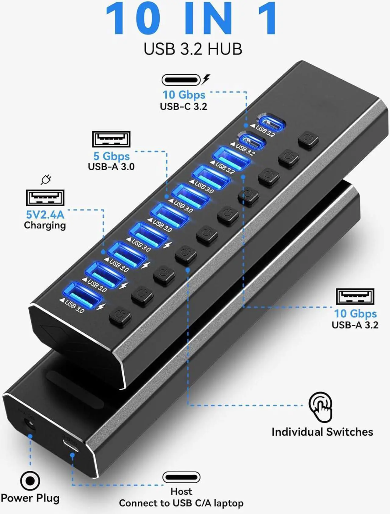 Alt view image 2 of 7 - Powered USB Hub 3.0, 10-Port USB Data Hub Splitter (10Gbps USB-A 3.2 +2 USB-C 3.2 +7 USB 3.0 Ports), Individual On/Off Switches and 12V Power Adapter USB Extension for MacBook, Mac Pro/Mini and More