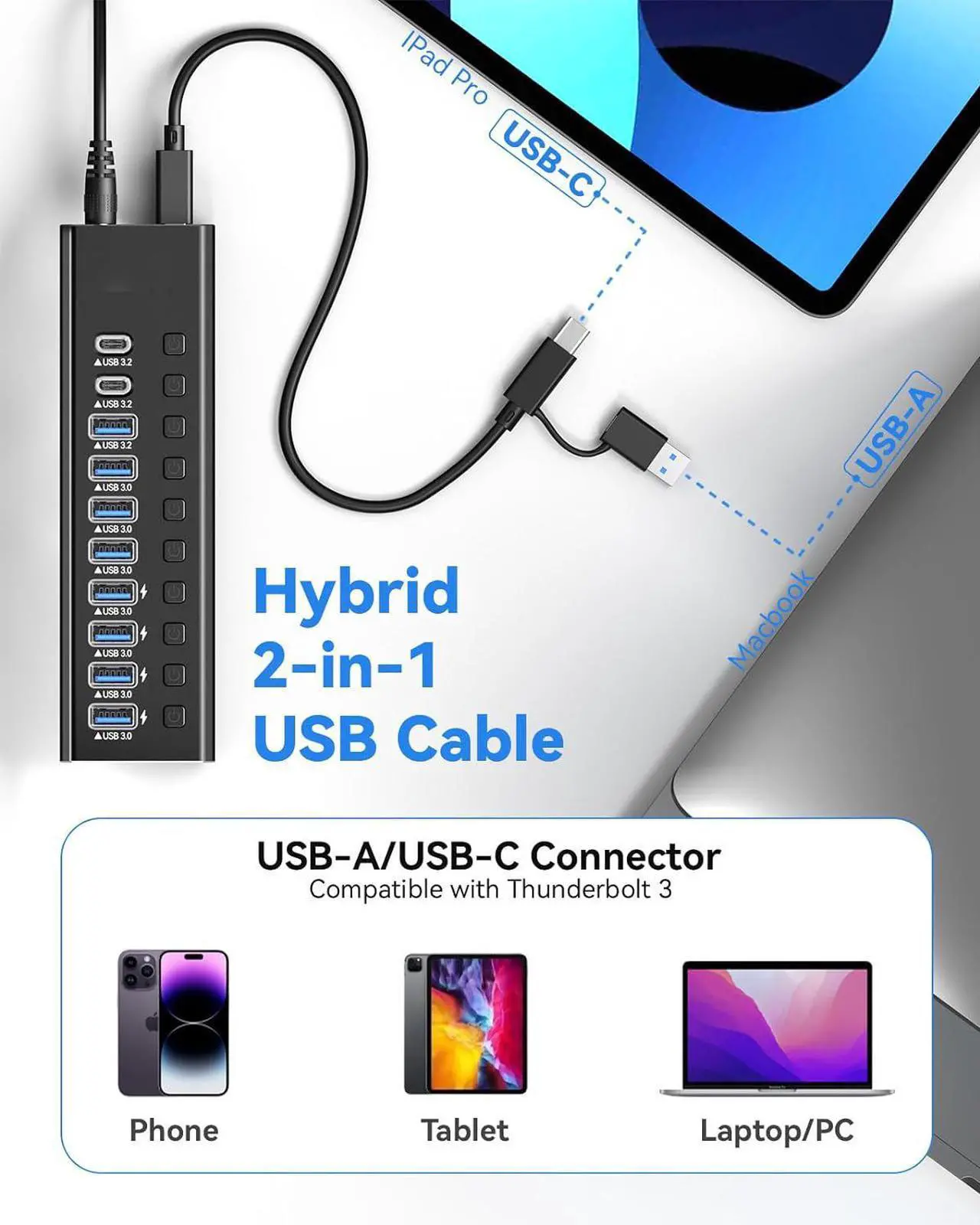 Alt view image 7 of 7 - Powered USB Hub 3.0, 10-Port USB Data Hub Splitter (10Gbps USB-A 3.2 +2 USB-C 3.2 +7 USB 3.0 Ports), Individual On/Off Switches and 12V Power Adapter USB Extension for MacBook, Mac Pro/Mini and More