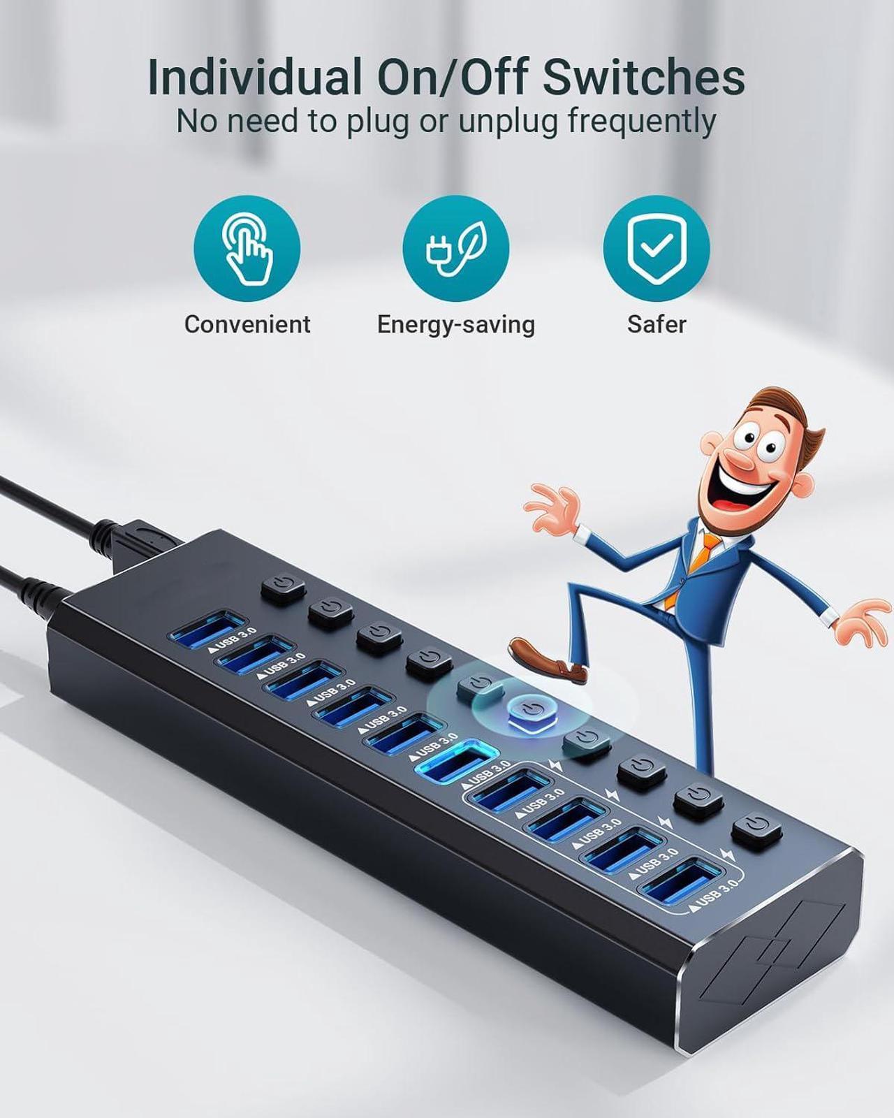Alt view image 4 of 7 - 10-Port USB 3.0 Hub with 10 Port USB 3.0 Ports, 4 Smart Charging, USB Splitter with Individual On/Off Switches and 12V/4A Power Adapter