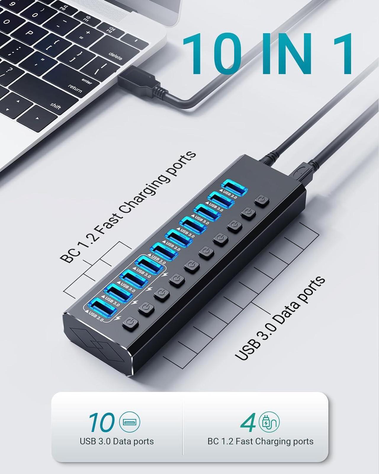 Alt view image 2 of 7 - 10-Port USB 3.0 Hub with 10 Port USB 3.0 Ports, 4 Smart Charging, USB Splitter with Individual On/Off Switches and 12V/4A Power Adapter