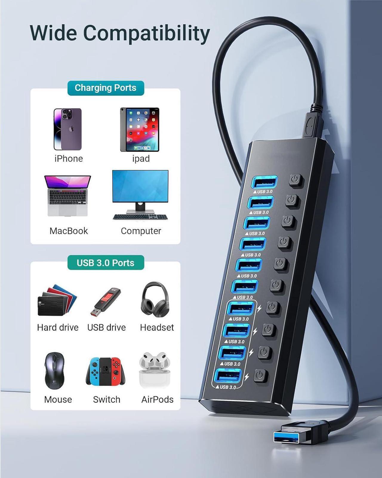 Alt view image 7 of 7 - 10-Port USB 3.0 Hub with 10 Port USB 3.0 Ports, 4 Smart Charging, USB Splitter with Individual On/Off Switches and 12V/4A Power Adapter